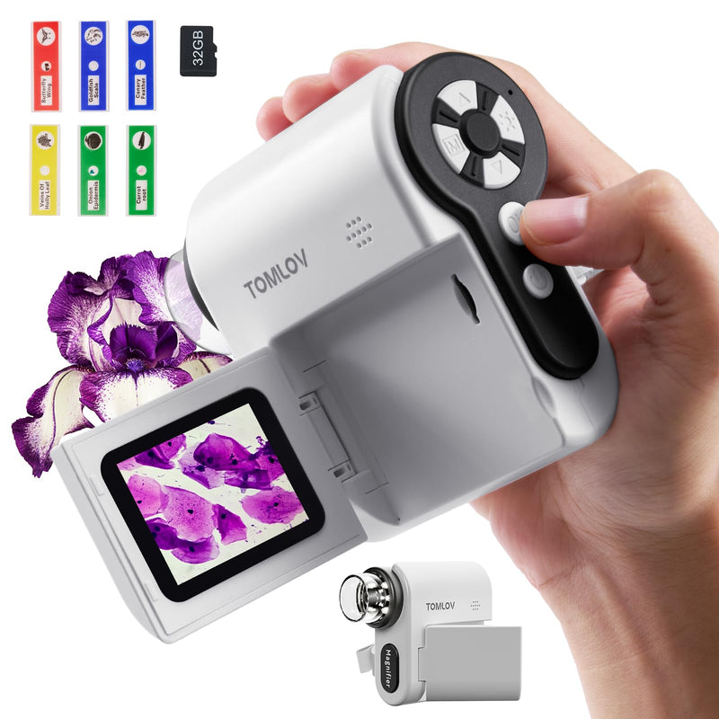 Tomlov P20 Digital Handheld Microscope 1000X for Children with 2 Inch Folding Display | Discover plants & insects, camera with LCD display, photos & videos, USB live image, LED, 6 preparations P20 White Flip