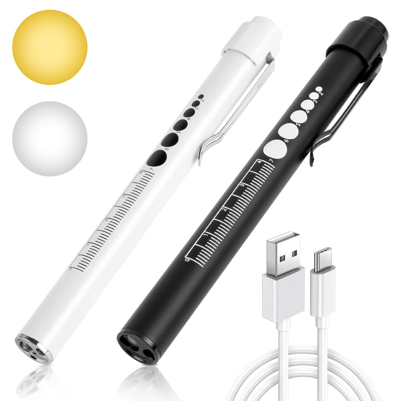 flintronic 2 x Pupil Light Medicine, Diagnostic Light Nurse Emergency Service Accessories with Pupil Meter & Ruler, Rechargeable USB LED Pen Lamp for Nurses Students Doctors #7 White/Black 2pcs
