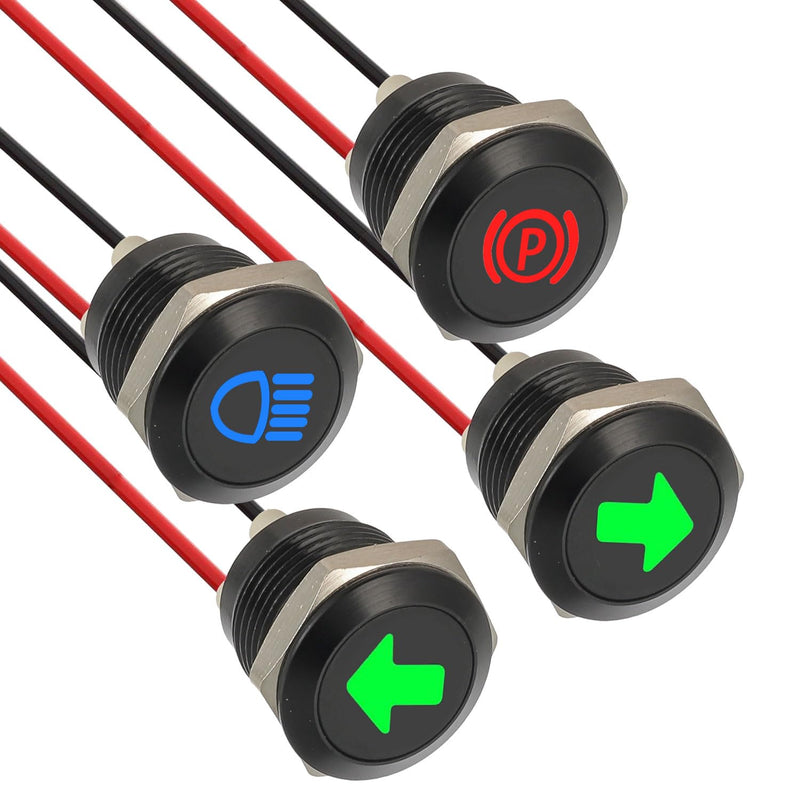Pack of 4 12mm Waterproof Signal Light LED Indicator Light, DC 12V/24V LED Metal Indicator Light with 150mm Cable for Motorcycles Cars Trucks Tractors RV ATV 4pcs