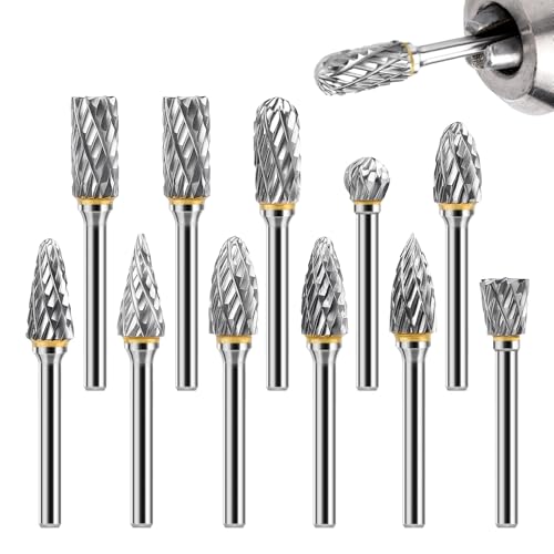 Lytool Carbide Burr Set, 12 Pieces Double Cut Rotary Cutter with 3 mm Shank, Dremel Accessories for Wood Carving, Metal Polishing, Engraving, Grinding and Drilling