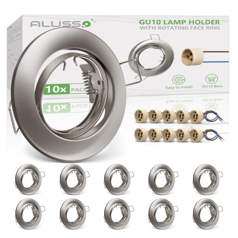 ALUSSO Set of 10 Metal Recessed Spotlights GU10 Frame 68 mm Mounting Frame 230 V | inkl. GU10 Fassung, 30° Schwenkbar, Abnehmbar Einbauspots Decken Spots Badezimmer für LED oder Halogen Leuchtmittel, Nickel Brushed Nickel