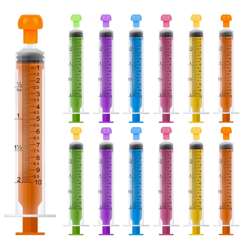 Pack of 14 Syringes with Lid, Multiple Colors, Colostrum Syringes, 10 ml, Multiple Individually Packed, Disposable Syringes for Laboratory, Liquid Measurement and Dispensing, Animal Feeding