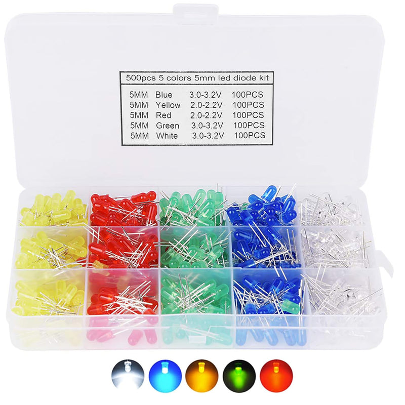 Pack of 500 5 mm LED Light Emitting Diodes, LED Diodes 3 V Light Diode Assortment Kit Round Head 2 Pin Extra Bright LED Light, Diffuse Diodes Set, 5 Colors Red Blue Yellow Green White