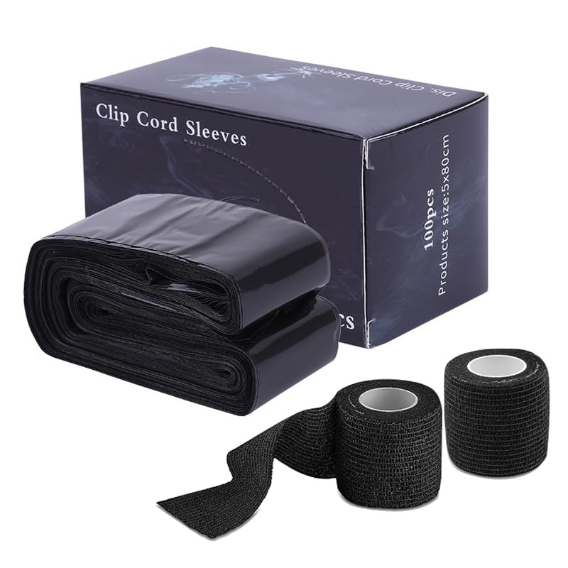 Tattoo Cable Sleeve Set: 100 Sleeves & 2 Rolls of Self-Adhesive Grip Tape | Disposable PVC Protective Sleeves for Permanent Makeup Devices and Microblading Pens for Hygienic Use