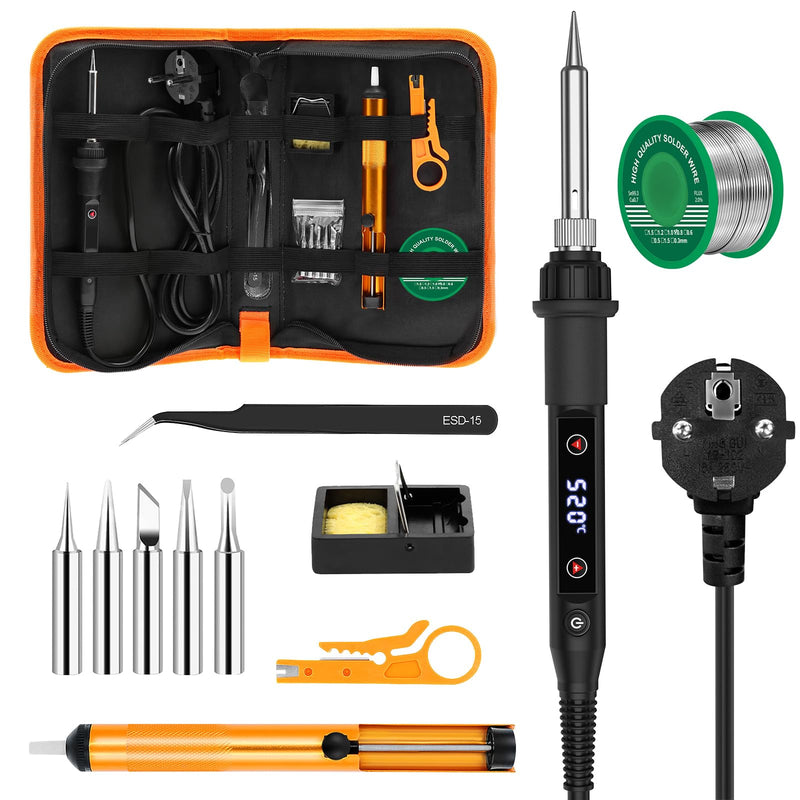 Edasion Soldering Iron Set 80W LED Temperature Adjustable 180~520°C with Switch | Soldering iron with 15-second fast heating, 50g lead-free solder wire, 5 soldering tips, desoldering pump, soldering iron stand, tweezers, soldering set black