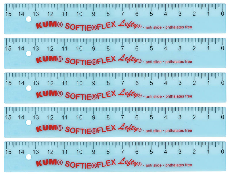 KUM - Ruler 15 cm for Left Handed Users, Blue, Pack of 5 | Flexible school material for measuring, drawing and precise work
