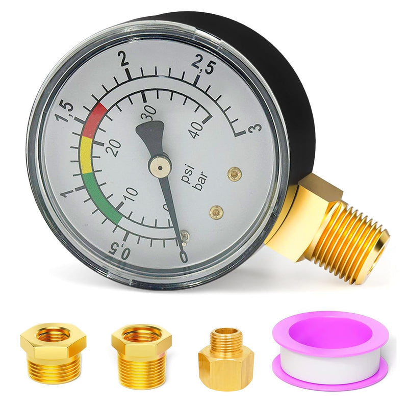 Water Pressure Gauge, 1/4 Inch Pool Pressure Gauge, Precision Double Scale, Robust Brass Stainless Steel Housing, Easy Installation, Durable, Versatile, for Pool, Fish Ponds and Aquariums