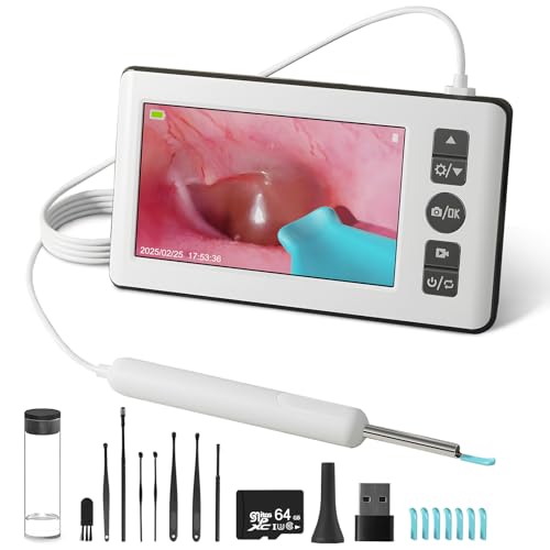 Ear Cleaner Camera, 4.3 Inch 1080p HD Professional Ear Wax Remover Otoscope with 6 LED Endoscope, 3.5 mm Ear Camera with 64G Children's and Adult Card, Plug and Play