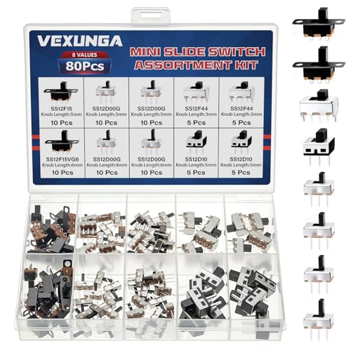 VEXUNGA Slide Switch Mini Set Vertical Slide Switch 3-Pin 2 Position Built-in Switch On/Off 1P2T SPDT Soldering Vertical Panel Switch Mini Switch Set (80 Pieces)
