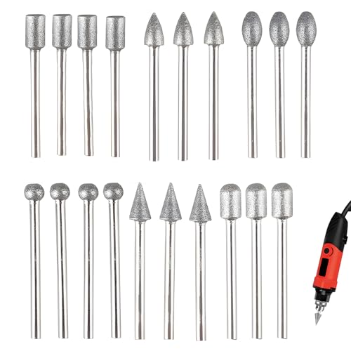 Diamond Cutter Set, 20 Pieces Engraving Pen, Diamond Burr Grinding Pins, Compatible with Dremel Rotary Tool Accessories with 1/8 Inch Shank, for Stone, Glass, Ceramic Carving, Grinding, Polishing, Engraving