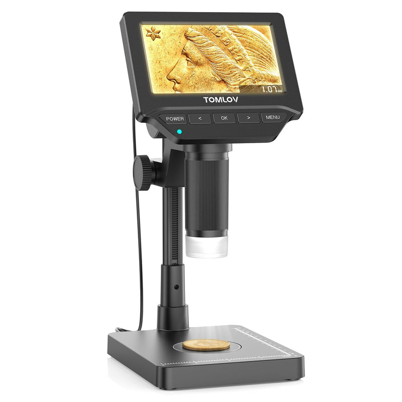 Tomlov DM4W 4.3 Inch IPS Coin Microscope with Scales, 0.1 g Accuracy | Measurement in g/oz/ct, Jewelry & Metal Testing, Integrated LEDs, USB Live Image, Photos/Videos, Wireless Design, PC Compatible, Black