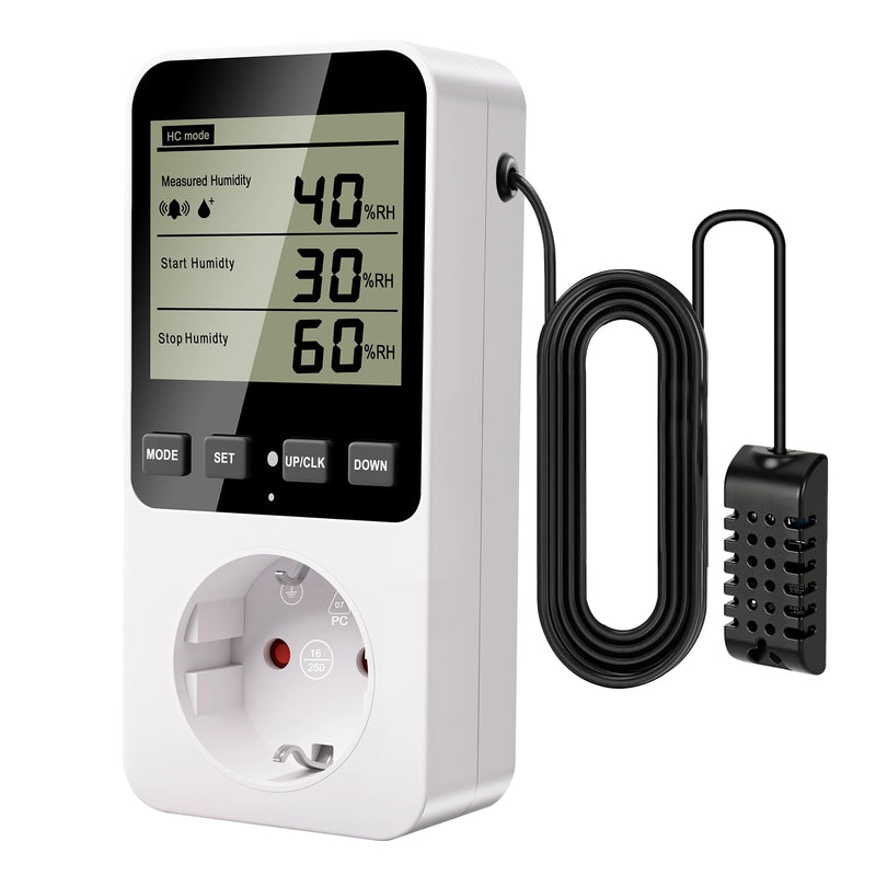 Hygrostat Socket with Sensor, Humidity Regulator / Temperature Controller Socket Humidity Controller with Alarm, Humidity Controller 16 A 230 V for Humidifier Dehumidifier Mushroom Terrarium
