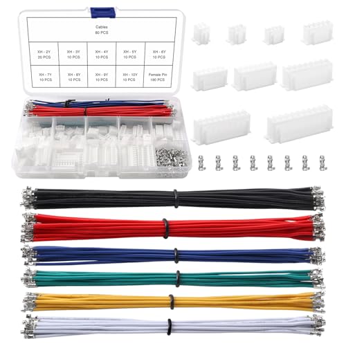YIXISI 370 Pieces 2/3/4/5/6/7/8/9/10 Pin 2.54 mm JST-XH Connector Kit, JST Adapter Cable Plug, XH Female Plug, with 22 AWG Double Head Pre-Crimped Cable Wire blue/purple