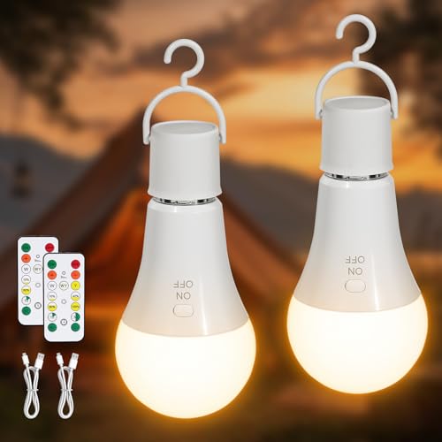 Kimjo 7W E27 Rechargeable Bulb with Battery, 3 Colors, Pack of 2 | Rechargeable Light Bulb with Remote Control, Camping Lamp, Battery Lamp with Hook, USB, Dimmable, Button Control, Outdoor Emergency Light