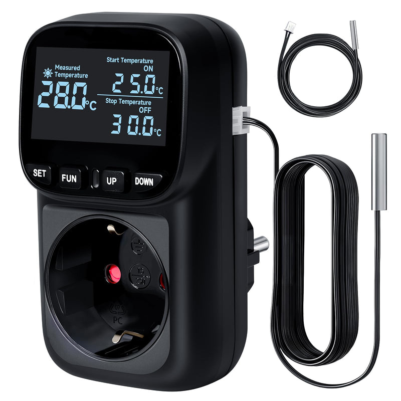 Temperature Control Socket 16A/3680W -40°C ~ 120°C, Digital Thermostat, 5M + 2M Cable Sensors, Heating/Cooling, Cycle Timer/Countdown Black