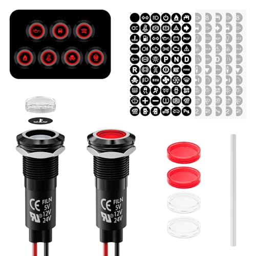 2 x 12 mm LED Metal Indicator Light 12 V-24 V DC Indicator Light (Red) | Indicator Light Signal Lamp IP67 Waterproof Metal Housing with 180 Symbols for Car, Boat, Industry, Control Panel Red Symbol