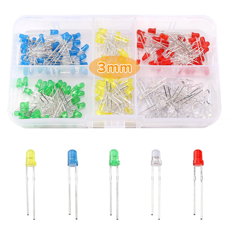 150 pieces 3 mm LED diodes, 2-pin light-emitting diode, round head LED diode, white/green/red/blue/yellow 3mm