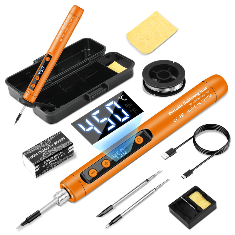 Battery Soldering Iron Set with Stand, Portable Wireless Soldering Iron with LCD, Adjustable Temperature 180-450°C, 3 Soldering Tips, Suitable for Repair Circuit Boards, Welding Repairs - Orange
