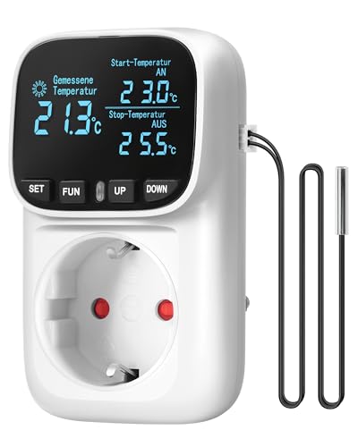 German Temperature Controller, Socket 230 V with Sensor, 4 Time Modes | White Thermostat Socket, Temperature Switch, Socket Thermostat for Heating, Greenhouse, Fan, Kettle