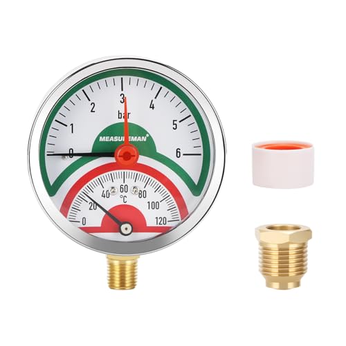 Thermal Pressure Gauge, 3 Inch Dial, 0-6 Bar/120°C, Black Steel Case, G1/2 Lower Connection