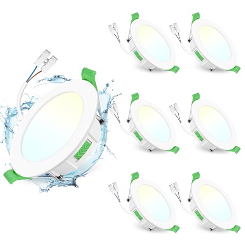 GeyouLux Recessed LED Spotlight 230V Dimmable, 65-75 mm Hole Size LED Spotlights, Set of 6 | 7W 700LM Recessed Lights, IP44 2700K/4000K/6500K Ceiling Spotlights, Extra Flat Recessed Spotlights for Bathroom, Kitchen, Living Room, White