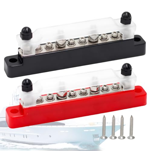 Busbar 12V-48V DC Clamp Rail (Red and Black) Pack of 2 | Distributor Block Terminal Block 150A with Cover 6 x M4 & 4 x M6 Terminal Bolts for Car Truck Yacht Boat