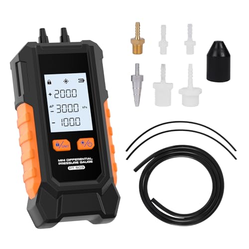 Digital Differential Pressure Gauge, -101-200 kPa Pressure Gauge ±0.5% FS High Precision Gas Pressure Gauge 6 Units Switch Air Pressure Gauge, Data Hold Function Mini Differential Pressure Gauge