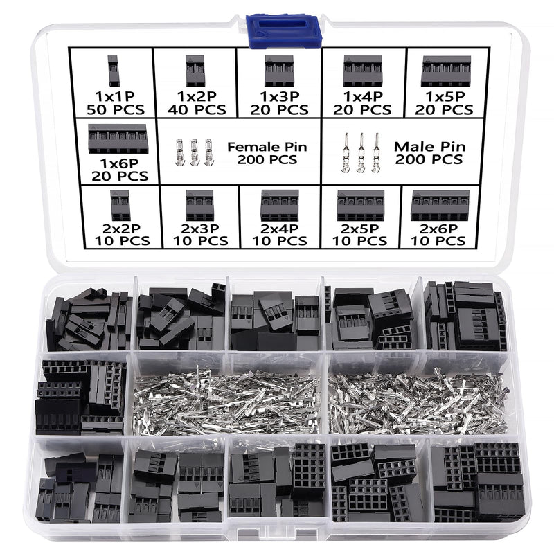 YIXISI 620 Pieces 2.54 mm Pitch 1/2/3/4/5/6 Pin Dupont Connector Kit, Pin Header Plug Housing, Dupont Male Female Crimp Connector
