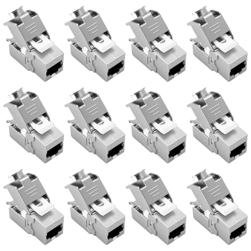 Pack of 12 CAT 7 Keystone RJ45 Module Socket for CAT7 CAT6 CAT6a, Tool-free LSA, 10 Gbit/s Transmission, Fully Shielded STP, Gold-Plated Contacts, CAT 7 Keystone Jack for Patch Panel and Network