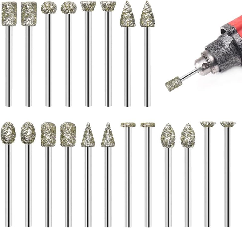 Diamond Cutter Set, 20 Pieces Diamond Grinding Pins with 3 mm Shank, 120 Grit Sanding Attachments for Stone, Glass, Ceramic, Hardwood, Jade, Ideal for Carving, Grinding, Polishing