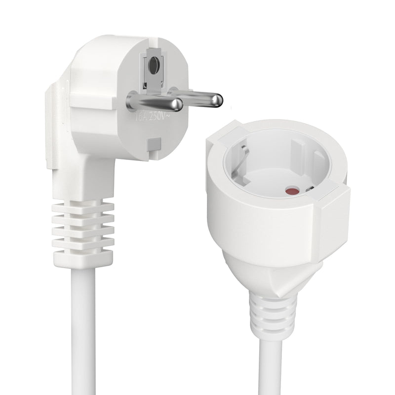 Extension Cable 0.5 m with Protective Contact Plug Schuko, IP20 Cable Extensions - 250 V, 16 A, 3680 W - Protective Contact 90° Angle Plug H05VV-F 3G1.5 mm², Increased Touch Protection - White