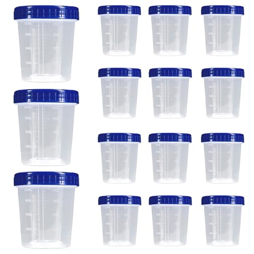 15 x 120ml Clear Blue Pee Cups with Screw Lid and Scale | Leak proof sample containers, clear plastic, blue lids, for urine samples, laboratory and paint mixes 15