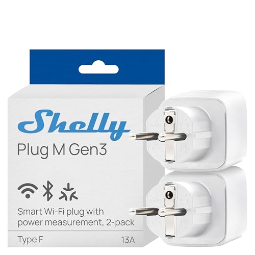 Shelly Plug M Gen3 White - WLAN & Matte Smart Socket, Power Measurement, 13 A, 3000 W, Timer Switch, Plug, Smart Home Plug, Alexa & Google, Apple HomeKit, No Hub Required (Pack of 2) | 13A, 3000W, App, Voice & Platform Control, Timer, Timer, No Hub Req...