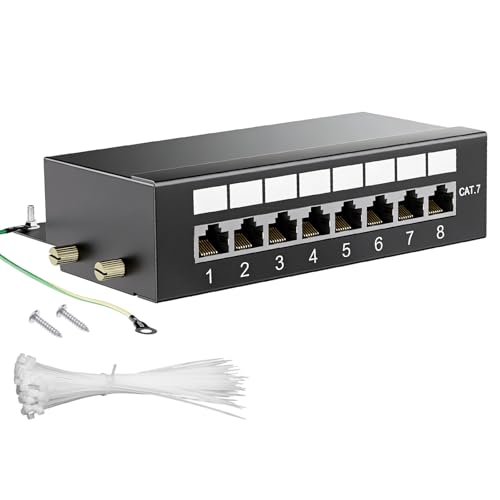 CAT 7 Patch Panel Distribution Panel, 8 Port Patch Panel Distribution Panel, Gold-Plated Patch Panel, Includes Cable Ties, 8-Port Patch Panel with RJ45 Sockets for Network for Wall Mounting and Home