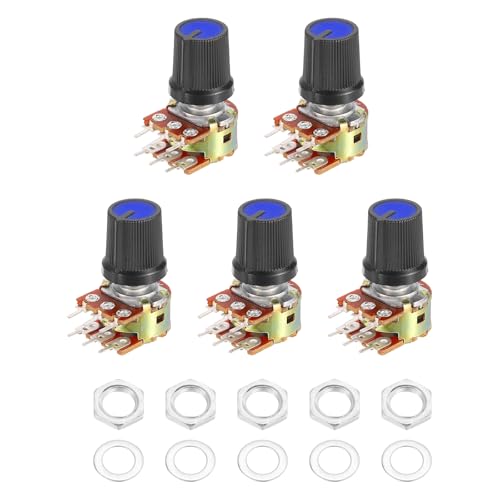 QUARKZMAN 5 Set WH148 Dual Linear Potentiometer B10K-Ohm Black+Blue | Audio Potentiometer, Knob Kit, 6 Pin, Split Shaft, with Metal Handle and Mounting Accessories