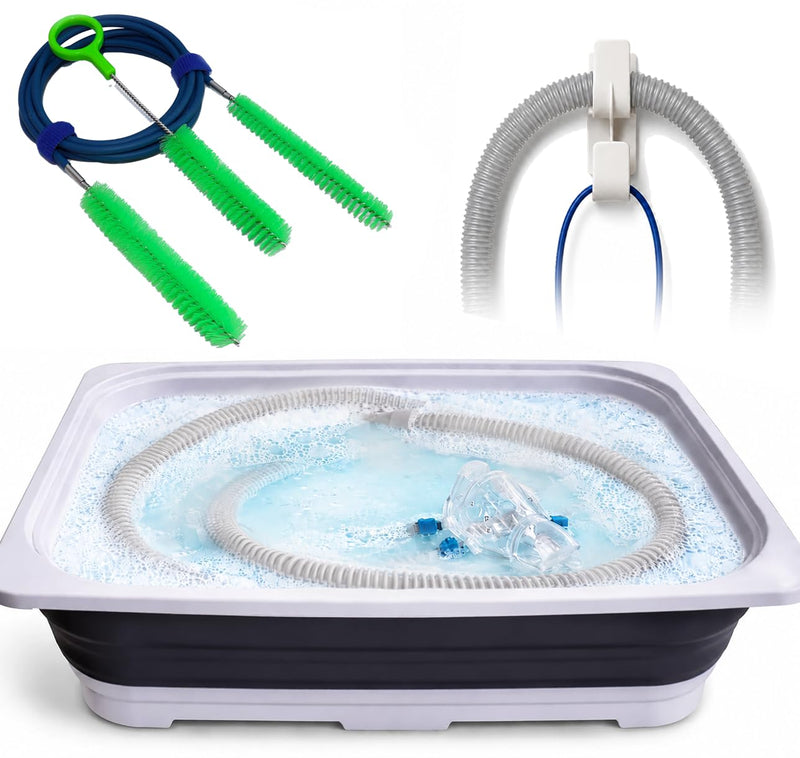 AVEEN CPAP & BiPAP Cleaning Kit, CPAP Hose Cleaning Brush with Foldable Washing Bowl and Hose Drying Hooks, Accessories for CPAP Hoses and Masks