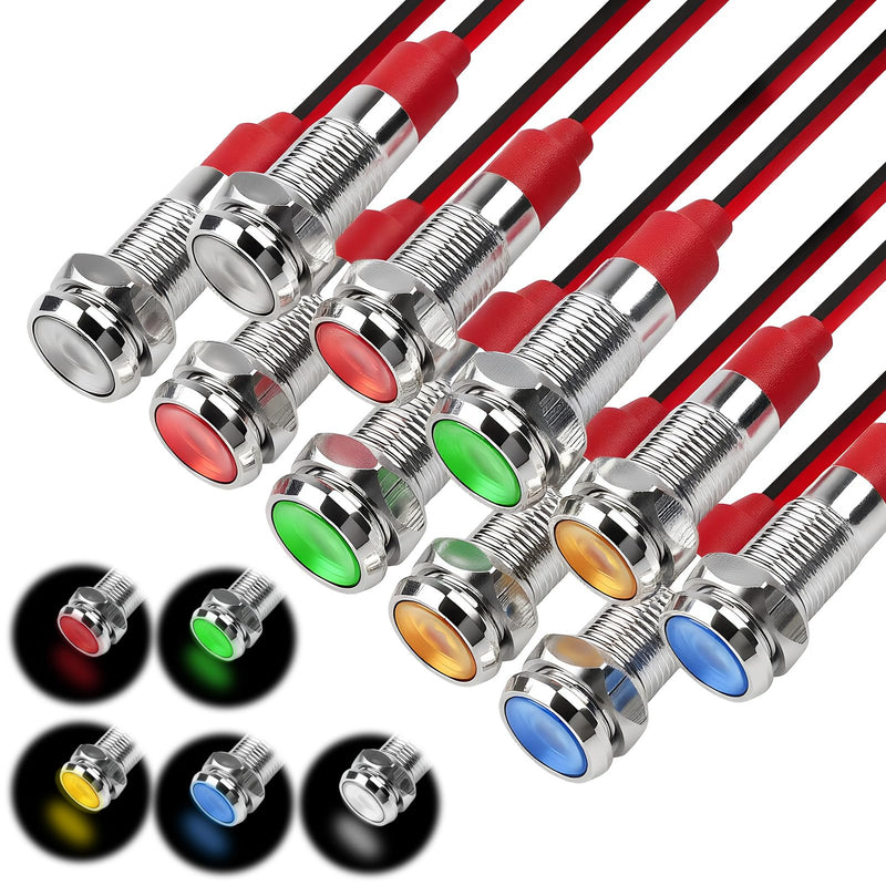 10pcs LED Indicator Light 12V-24V 6 mm, Metal Signal Lamp IP65 Waterproof, Wired Indicator Light Set for Car, Boat, Motorcycle, Truck, Cockpit Warning Light, 2 Pieces Each Red, Green, Yellow, Blue