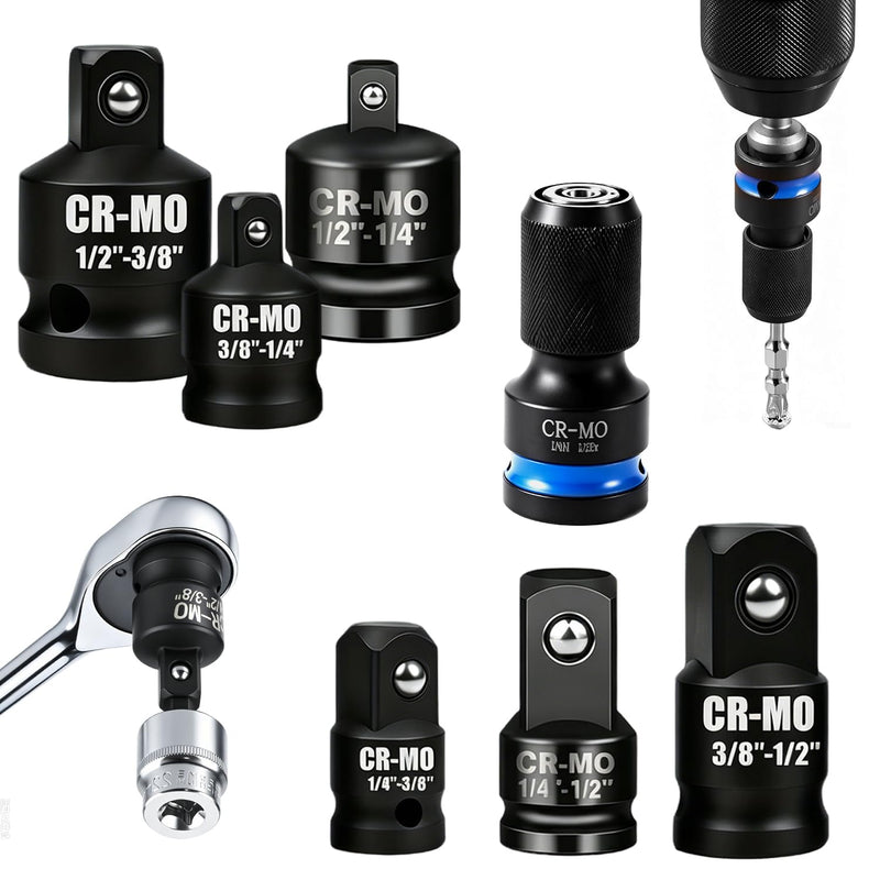 Ratchet Adapter Set Made of Chrome Vanadium Steel | Nut Adapter for Repairs Impact Wrench Accessories with 1/2 3/8 1/4 Connection and Safety Ball