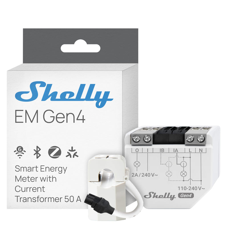 Shelly EM Gen4 WLAN Smart Energy Monitor, Real-time Power Consumption Measurement, 2-Channel Single-Phase, 50A Current Transformer Included, Contactor Control, Matter Compatible, No Hub Required