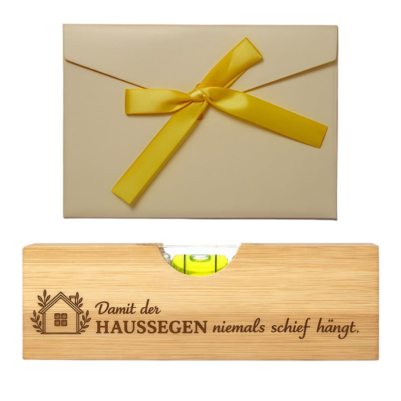 Housewarming Gifts Home, Spirit Level with Bottle Opener Made of Bamboo Wood | Practical topping party gift and new home gift made of bamboo. Includes elegant envelope with yellow bow