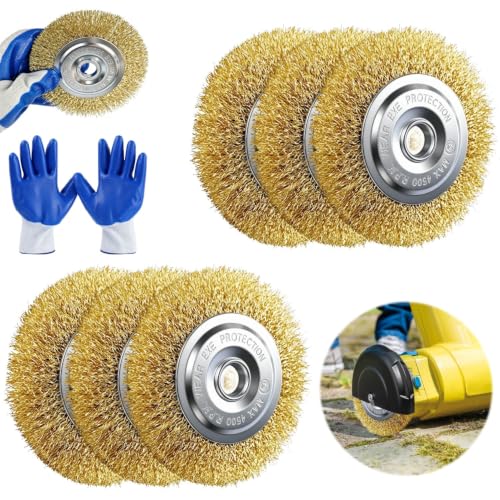 Pack of 6 Brass Brushes with One Pair of Gloves for Gloria Multibrush | Diameter 115 mm for Gloria grout brush accessories cleaning weeds moss and dirt in joints