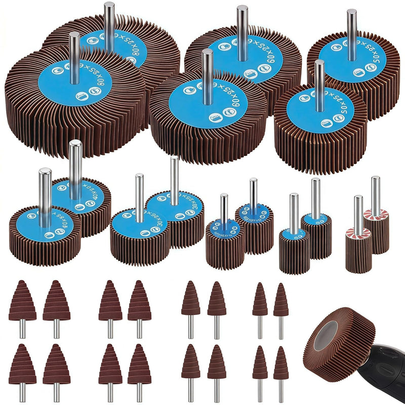 Pack of 32 Flap Grinders 80 Grit Grinding Attachment for Cordless Screwdriver | Lamellar grinder grinding attachment with shaft, 12 different diameters for drill, cordless screwdriver, straight grinder