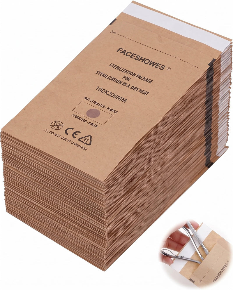 Kraft Paper Sterilization Bags - Pack of 100 (100 x 200 mm) | Self Sealing Sleeves for Nail & Manicure Tools | Germs & Moisture Protection