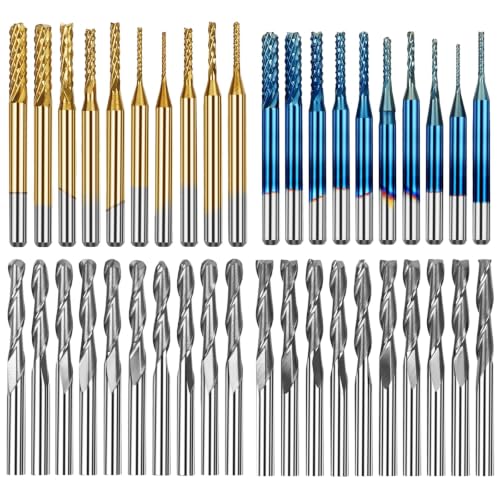 Twotrees 40-Piece CNC End Mill Set 3.175 mm (1/8 Inch) Shank | Carbide End Mill, Double-Edged Ball Mill, Two-Edged Spiral Mill & Corn Mill (Nano Blue & TiN Coated) Blue gold 3.175mm 1