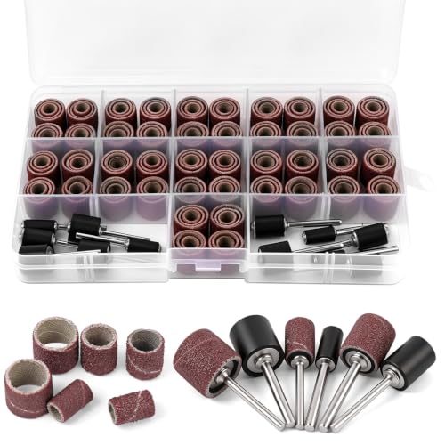 Sanding Sleeves Set, 144 Pieces Sanding Sleeves Nail Cutter with 12 Pieces Sanding Rollers and 132 Pieces 120 Grit Piece Sanding Bands, Sanding Attachments for Dremel Rotary Tool, Manicure