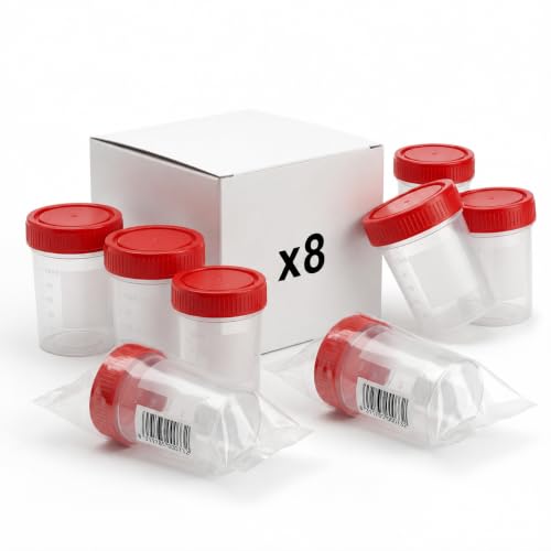 KMINA Urine Container 120 ml, Sample Container with Red Screw Cap, Graduated and with Matte Labelling Zone, Hygienic | Graduated every 20 ml to 100 ml, Matte labelling zone 33 x 50 mm with fields for name and date, Leakproof and hygienic 8u