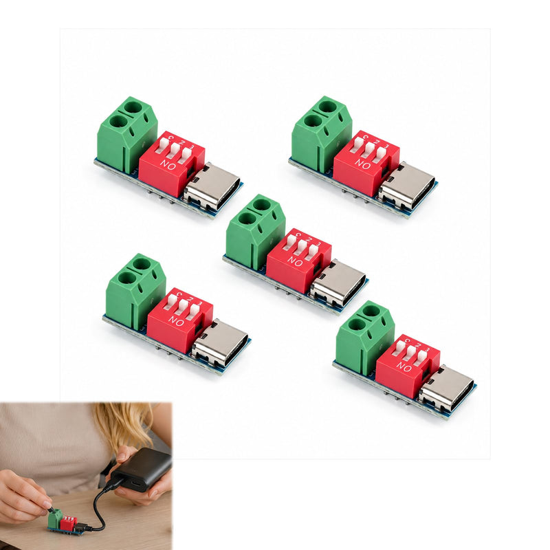 Pack of 5 USB C PD Trigger Board Module, Adjustable USB C 5V Module, PD/QC Decoy Board with DIP Switch, PCB Converter Board USB C, Quick Charge Module USB C, PD Quick Charge Test Board