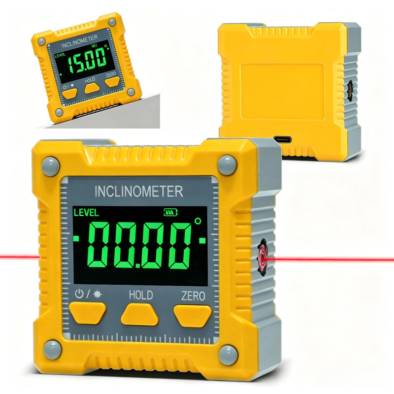 Digital Laser Protractor with Inclinometer Laser Level | 4-Sided Magnetic Adhesion, Dustproof, High Precision & Robust - for Construction, Crafts & Industry - Yellow