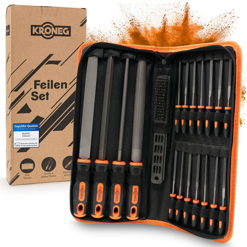 KRONEG file set - [21-piece] file set - high-quality steel metal files for wood, metal & plastic - file set with cross cut - key files - including carrying case, wire brush & 4-in-1 file