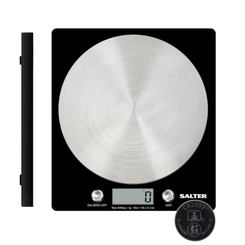 Salter 1036 BKSSDR Digital Kitchen Scale – Cooking & Baking Scales for Food Weight, Stainless Steel Weighing Platform, 5KG Capacity, Tare Function, Large LCD Easy Read Display, Measure Liquids, Black